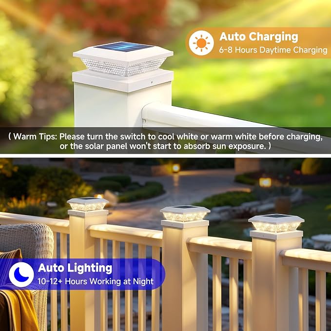 Mlambert 4x4 Solar Post Cap Lights Outdoor 12 Pack, Waterproof Solar Fence Light for Wooden/Vinyl Post, 2 Color Outside Deck Patio Porch Decor, White