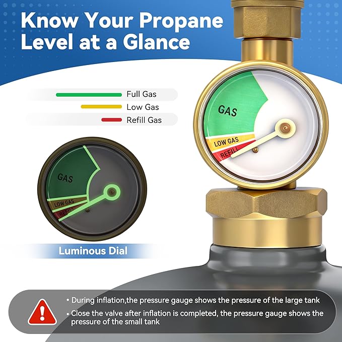 Propane Refill Adapter for 1 lb Tanks, 3FT Hose with Pressure Gauge & ON/Off Valve, QCC1/Type1 20lb to 1lb Propane Tank Refill Adapter, Heavy-Duty Brass Propane Transfer Hose for Camping Grill