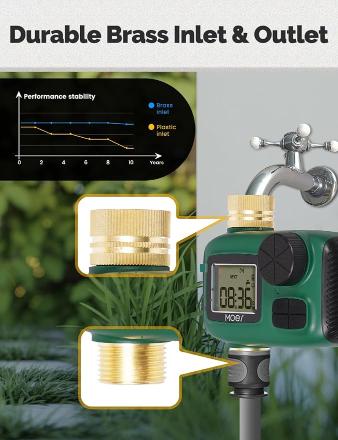 MOES Sprinkler Timer, Brass Inlet & Outlet, Programmable Automatic Irrigation Controller, Rain Delay, Manual Watering, 1 Zone Water Hose Timers for Gardens, Lawns, Hose Systems