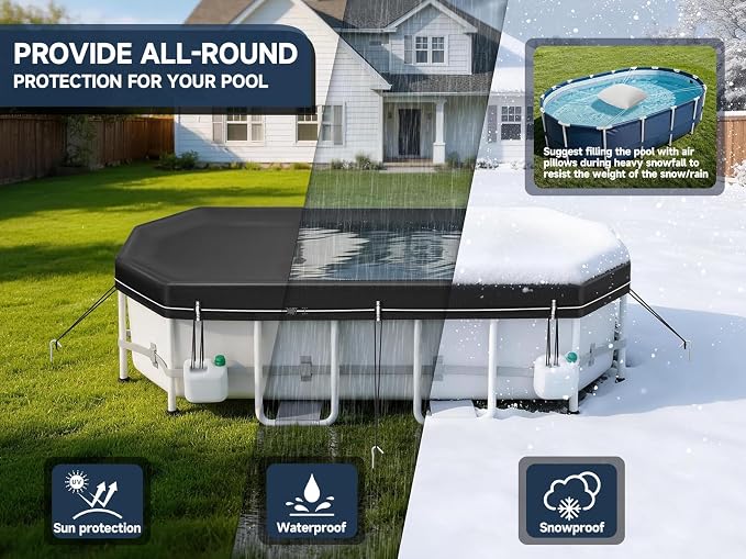 Pool Cover for Above Ground Pools, 420D Heavy Duty Oxford | Snug Fit for Oval /Rectangular Pool, 634N Tear-Resistant, Waterproof, Windproof, UPF50+ UV Protection, Cuts 95% Evaporatio