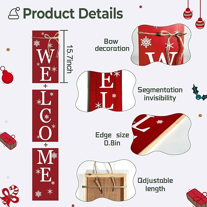 Christmas Porch Sign Welcome Sign For Front Porch Snowflake Red Home Decor Indoor Outdoor Wintern Wooden Vertical Sign For Patio Front Door Porch Wall Yard Outdoor