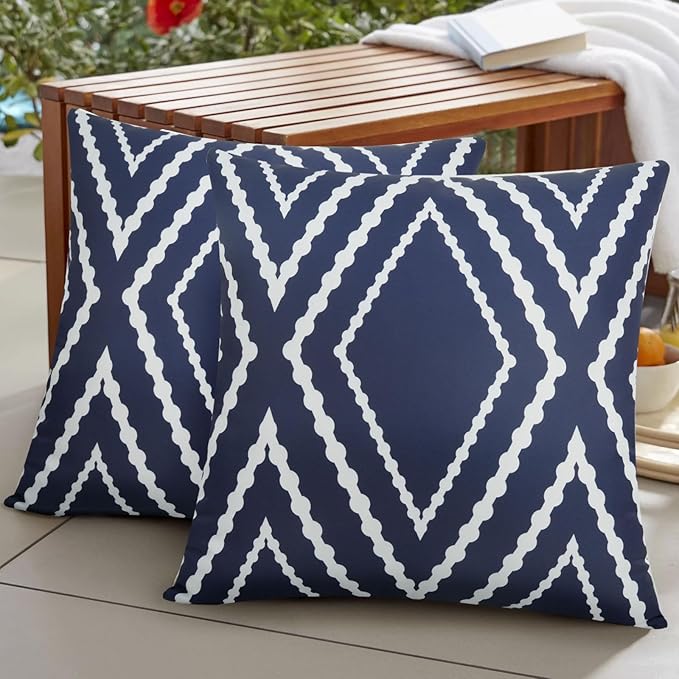 Adabana Outdoor Waterproof Throw Pillow Covers Set of 2 Boho Geometric Pillows Cover for Patio Garden 16 x 16 Inch Navy Blue