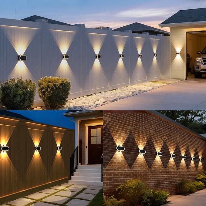 Solar Fence Lights Outdoor: IP65 Waterproof Wall Lighting with Dual Focused LED Up Down - 3000K/4000K/6000K 10-12H Lasting - Easy to Install for Backyard Patio Porch 8 Pack