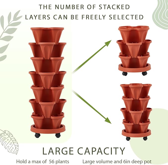 Umigy 1 Set Brick Red 7 Tier Vertical Planter Stackable Tower Planters Strawberry Herb Flower and Vegetable Pots Indoor Outdoor Gardening Pots with Removable Wheels and Tools