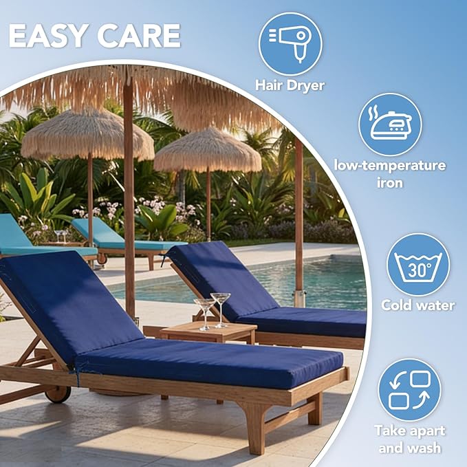 L'AGRATY Outdoor Lounge Chaise Cushion: 72x21x3 Inch Waterproof Lounge Chair Cushion for Outdoor Furniture with Fade Resistant Removable Cover - Patio Lounge Cushion for Pool Lawn Deck(Navyblue 2Pcs)
