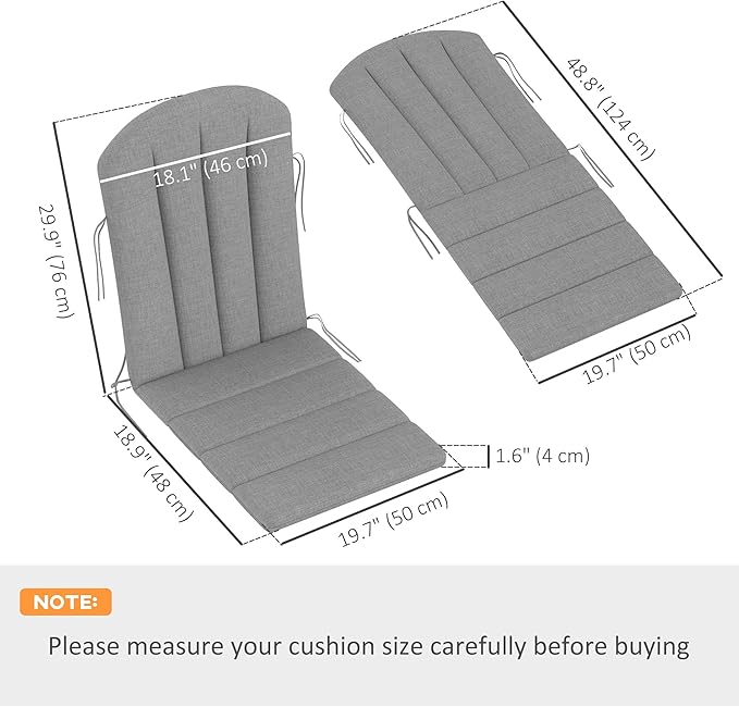 Outsunny Adirondack Chair Cushion Set of 4, Outdoor Chair Cushions with Ties, 25D High-Density Foam, High Back Patio Chair Cushions, Fade Resistant for Patio Furniture, 49" x 20" x 2", Gray