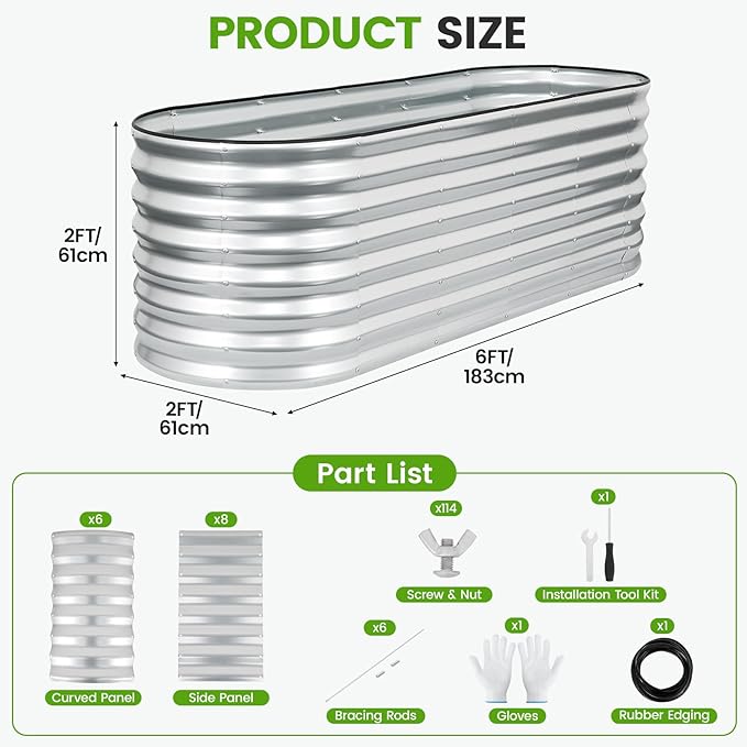 Galvanized Raised Garden Bed Outdoor 24'' Deep | Oval Metal Garden Beds with Easy Assembly & Planter Box for Planting Deep Root Vegetables Fruits Flowers, 6x2x2ft Silver