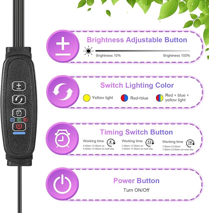 Black 3-Tube Clip-On Grow Light with Red/Blue/Yellow LEDs, Full Spectrum, 6/12/16H Timer, 3 Modes & 10 Dimmable Levels, for Indoor Plants & Seed Starting (1 Pack)