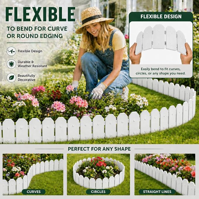 Evelyne Garden Border Edging: Wooden Grain Fence Dog Ear Design - Landscaping Fence Liner Lawn Edge Barrier - Decorative Lawn Landscape Panels Elements -Landscaping Edging (White, 20ft.)