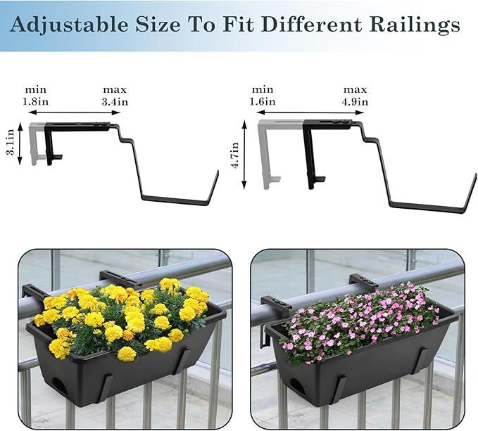 OYEAL Railing Planter Box Black Hanging Window Boxes Planter with Adjustable Brackets, Outdoor Set of 2 Deck Rail Planters with 6 Detachable Plastic Flower Pots for Garden Fence, Patio, Windowsill