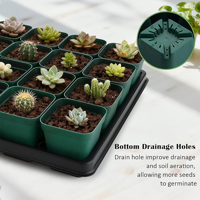 RooTrimmer 2.8 inch (7CM) Square Nursery Pots 120pcs (Green) and 24 Cell Nursery Pots Trays 5 Pack, Plastic Seedling Starter Tray with Drain Holes for Carrying and Holding Plant Pot(17"x11"x1.6")