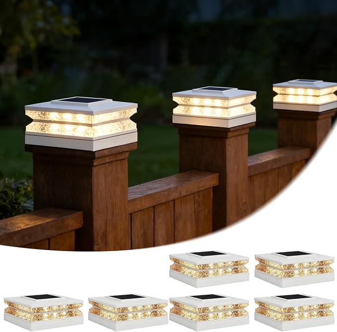 Solar Post Cap Lights, 6 Pack Deck Fence Cap Light for 4x4 5x5 Wood/Vinyl Posts, 3 Color Modes, LED Deck Post Lights Solar Powered Waterproof, for Patio Porch Garden Decoration, White