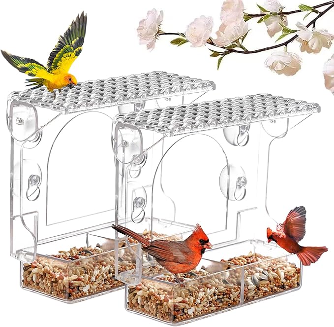 2PCS Window Bird Feeder with 4 Extra Strong Suction Cups, Clear Birdfeeders Bird House for Outdoors Window Viewing Outside, Removable Tray Birdhouse