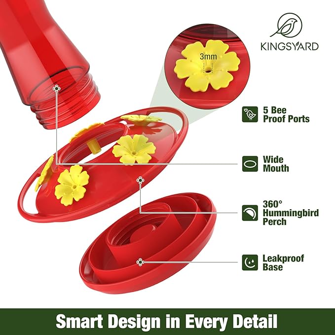 Kingsyard 2-Pack Glass Hummingbird Feeder for Outdoors Hanging, 10 oz Leak-Proof Humming Bird Feeders with Ant Moat & Bee Proof Feeding Ports, Hummingbird Gift for Bird Lovers (Red)
