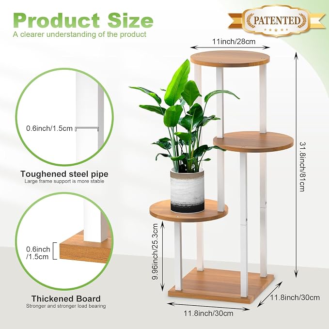 4 Tier Wood Tall Plant Stand Metal Rack Indoor, Multiple Flower Pot Holder Shelves Corner Rack, Round Planter Shelf Display Rack Storage Organizer for Patio Living Room Balcony(White+Wooden)