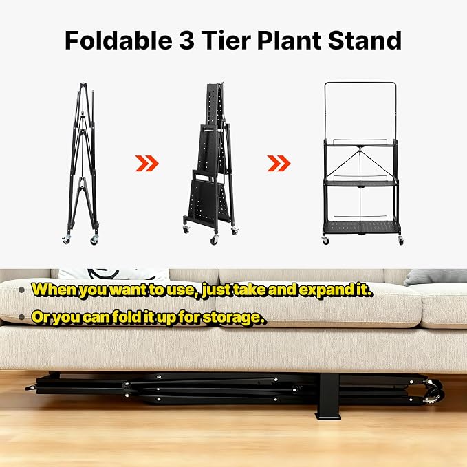4-Tier Foldable Plant Stand with Wheels, No Tools Assembly, Sturdy Step Shelf for Indoor Outdoor Use, Black– Organize Pots, Save Space, Roll & Store Easy