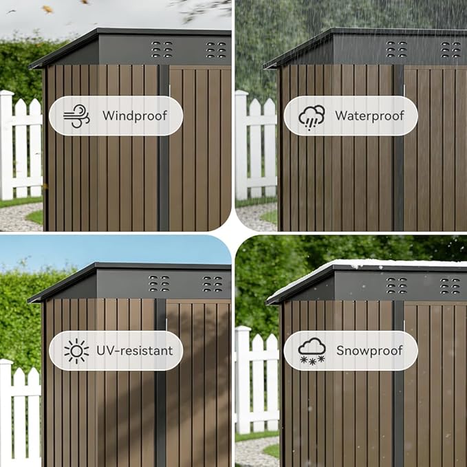 COMHOMA Shed Storage Outdoor Metal Windowed Lockable Solar Motion Light Adjustable Weatherproof Ventilated Backyard Garden Utility Workshop(Brown,5'*3')