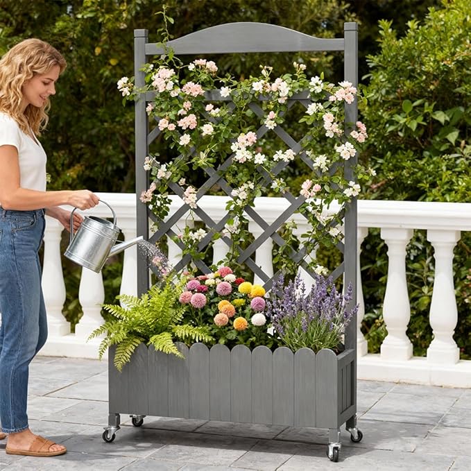 COMHOMA Raised Garden Bed with Trellis and Wheels,48Inch Elevated Planter Box with Drainage Holes,Lattice Privacy Screen for Climbing Plants Vegetables,Outdoor for Patio Balcony Yard,Gray