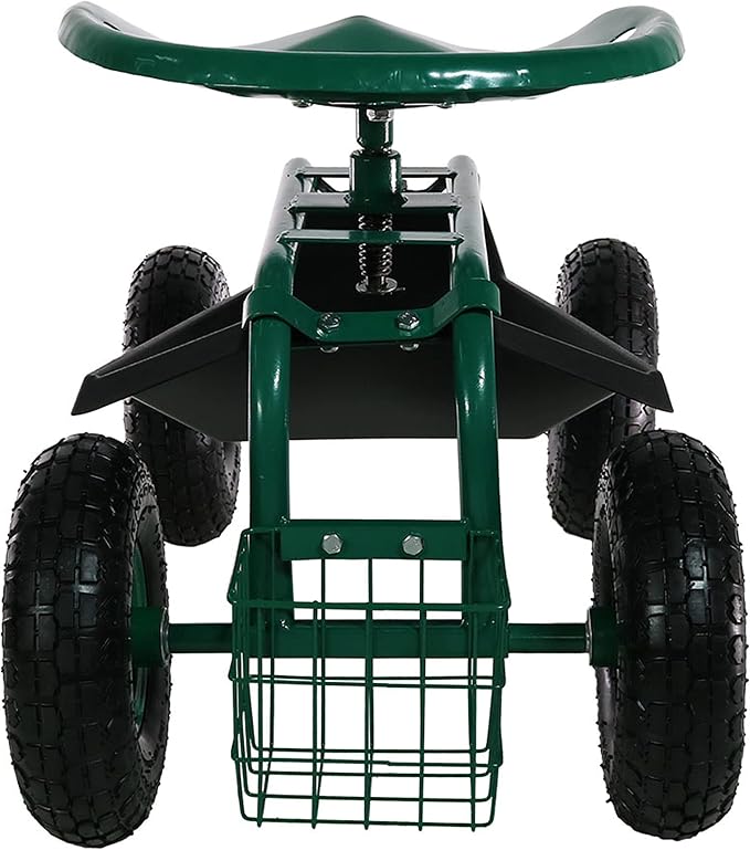 Sunnydaze Rolling Garden Cart with Seat - Garden Stool with Wheels and Adjustable 360-Degree Swivel Seat - Utility Tool Tray and Storage Basket - Green