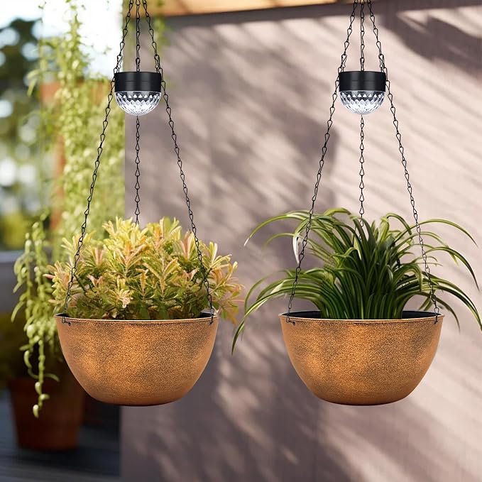 BAYN 2 Packs Solar Hanging Basket Planters for Plants Outdoor, Self Watering Bronze Flower Plants Pots with Solar Light Drainer for Balcony Patio Garden Outdoor Decoration
