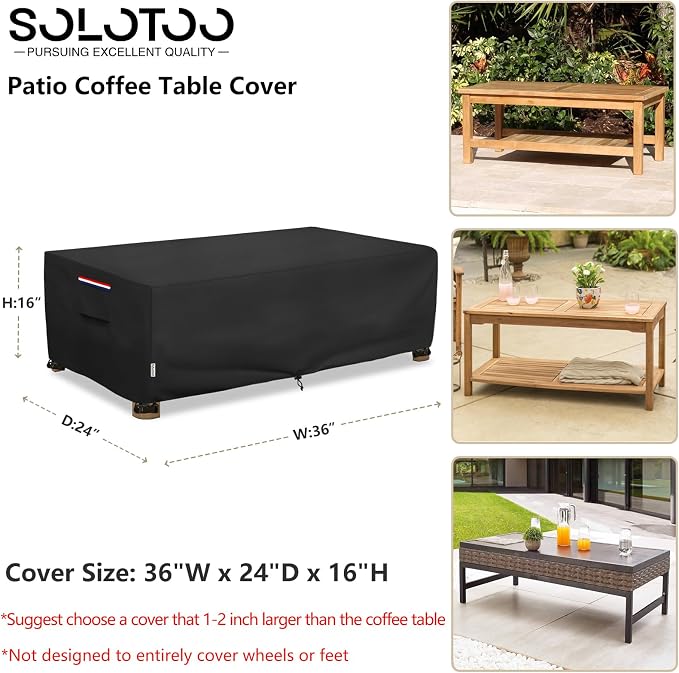 Outdoor Coffee Table Cover Waterproof, Heavy Duty Patio Rectangular Side Table Covers, 36W x 24D x 16H Inches Outdoor Tables Cover (Black)