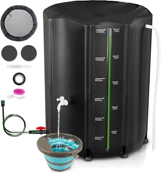 Collapsible Rain Barrel 132 Gallon, Rain Water Collection Barrel, 1000D PVC Rainwater Collection System with Mesh Cover Accessory (Bright Black 132 Gallon)