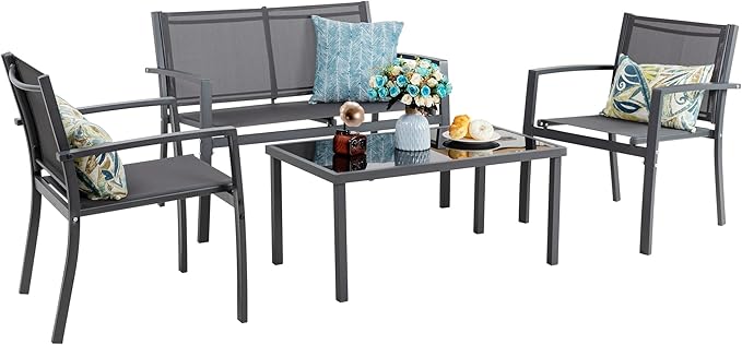 Vongrasig 4 Pieces Patio Furniture Set, Outdoor Patio Conversation Sets, Small Porch Balcony Furniture on Clearance, 4 Piece Patio Set for Deck, Garden, Backyard (Grey)