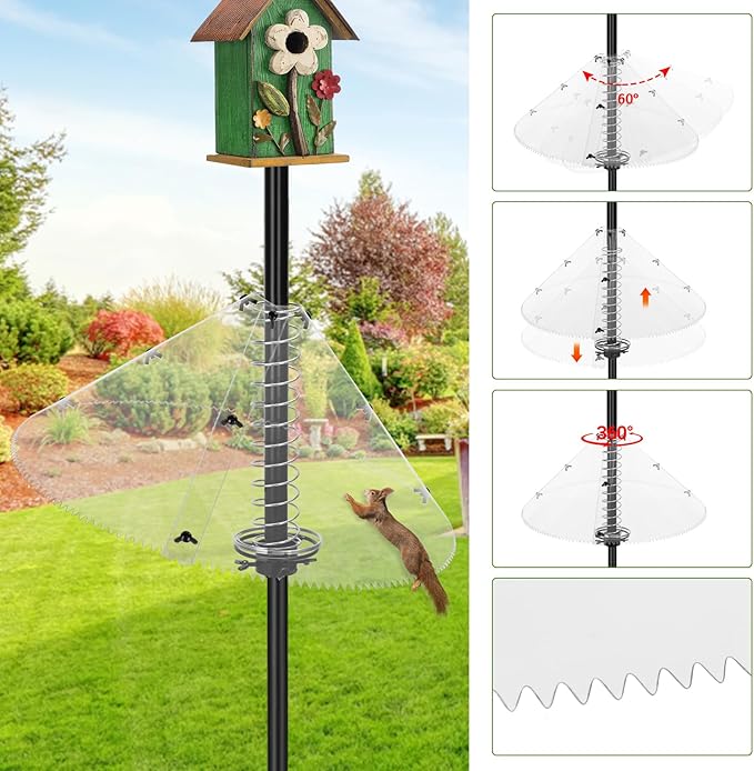 Squirrel Baffle for Bird Feeder Pole, Squirrel Guard with Mounting Bracket, Spring-Supported and Spiked Edge, for 1x1 Post, 19-Inch, Clear