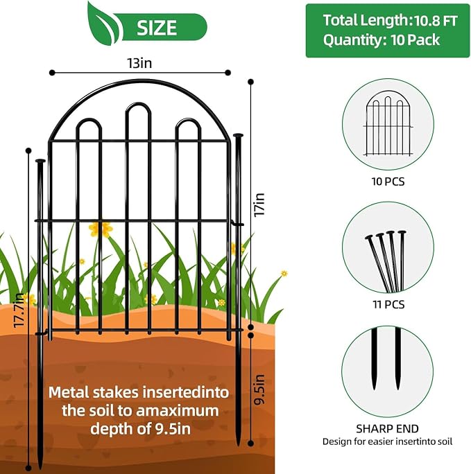 10 Pack Decorative Garden Fence, 26in x 10.8ft Arched No Dig Animal Barrier Fence for Dog Rabbit, Garden Edging Border, Rustproof Metal Ground Stake Border Fencing Panel for Outdoor Yard Patio Decor