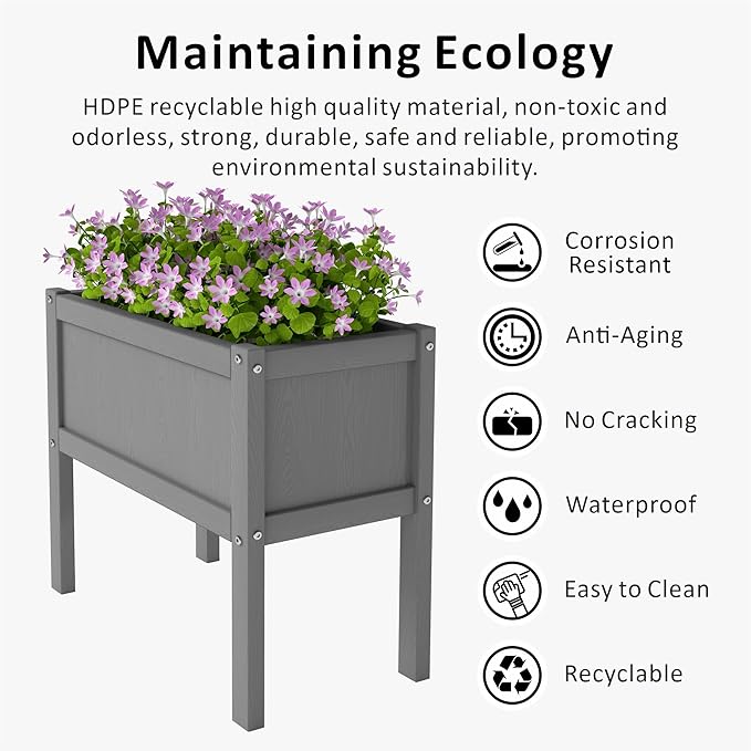 Raised Garden Bed with Drainage Hole Waterproof Small HDPE Elevated Planter Box with Legs Stable and Durable to Plant Herb Vegetable Flower,Patio,Balcony Outdoors/Indoors Gray