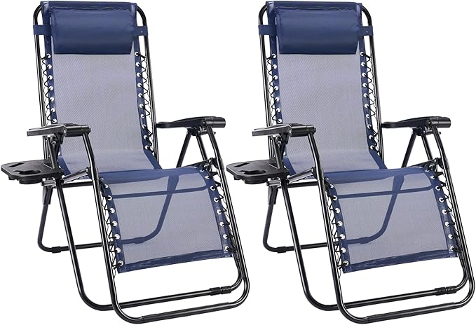 Sweetcrispy Zero Gravity Chairs Set of 2, Outdoor Folding Reclining Lounge Chair with Cup Holder Tray & Adjustable Pillow, Portable Camping Beach Patio Poolside Lawn Yard Chair, Classic Blue