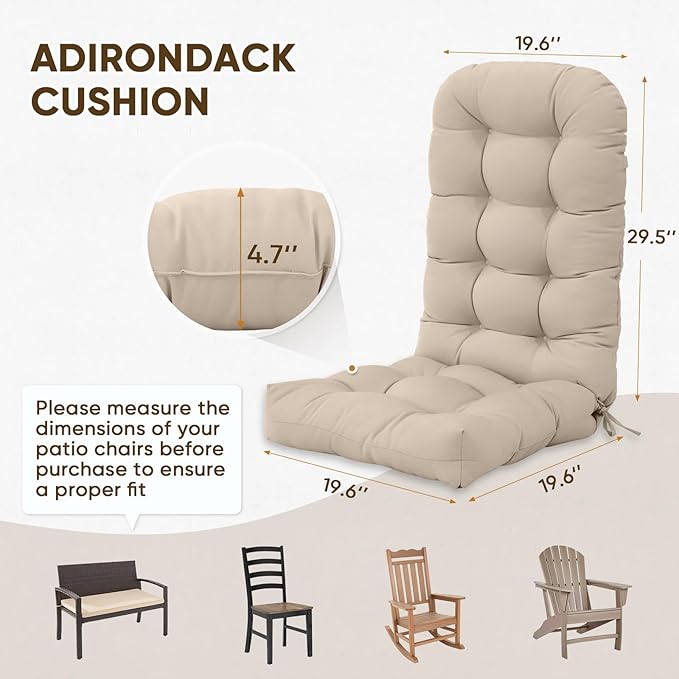 COOS BAY High Back Adirondack Chair Cushions for Outdoor Furniture, 49x20x5 in Water-Resistant Thick Tufted Patio Chair Cushions with Secure Straps, Set of 2, Beige