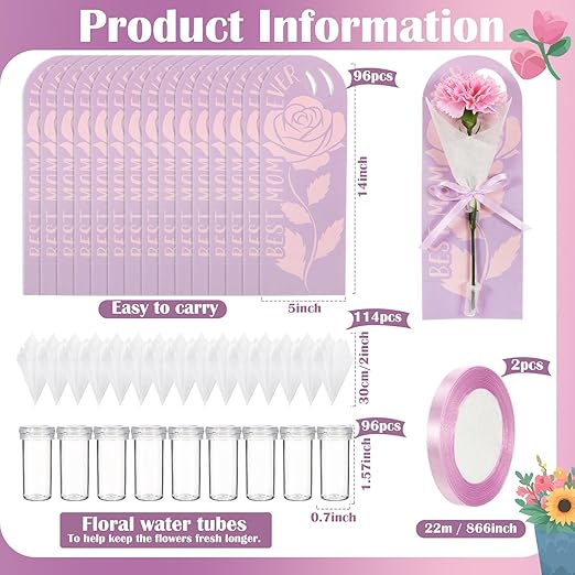 Eaasty 96 Set Mother's Day Themed Single Carnation Card Sleeve Gift Packaging Flower Holder with Floral Water Tubes Ribbon and Tissue Paper for Flower Packing