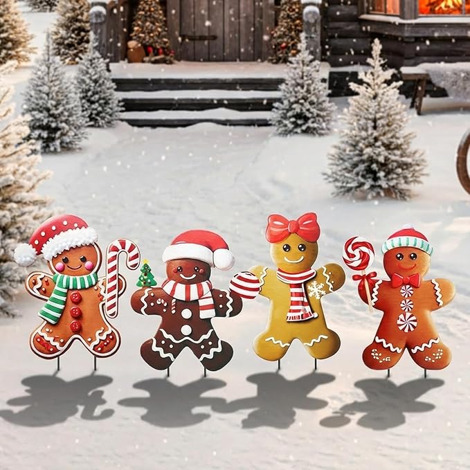 Weysat 4 Pack Christmas Metal Yard Stakes 15.75 Inch Gingerbread Man Yard Sign Stake Christmas Decorations Outdoor for Outside Xmas Gingerbread Decorations for Garden Lawn Pathway Party Decor