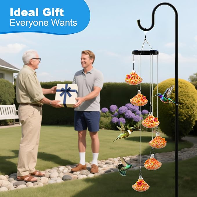 Wind Chime Glass Hummingbird Feeder - 20 Oz Outdoor Hanging Feeder with 6 Ports, Attract More Hummingbirds, Leak-Proof Design, Unique Garden Backyard Decor & Ideal Gift (Orange)