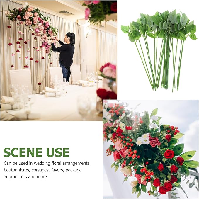 ULTNICE 60pcs Artificial Flower Stems with Leaves for Floral Arrangements, Wedding Bouquets, and DIY Crafts - Flexible Green Plastic Rose Stem