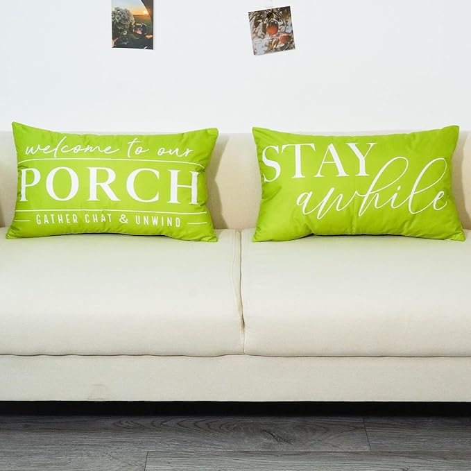 TAJWE Green Outdoor Pillow Covers Waterproof 12x20 Set of 2 Welcome to Our Porch Stay Awhile Cushion Cases for Patio Furniture Sofa Couch Decor
