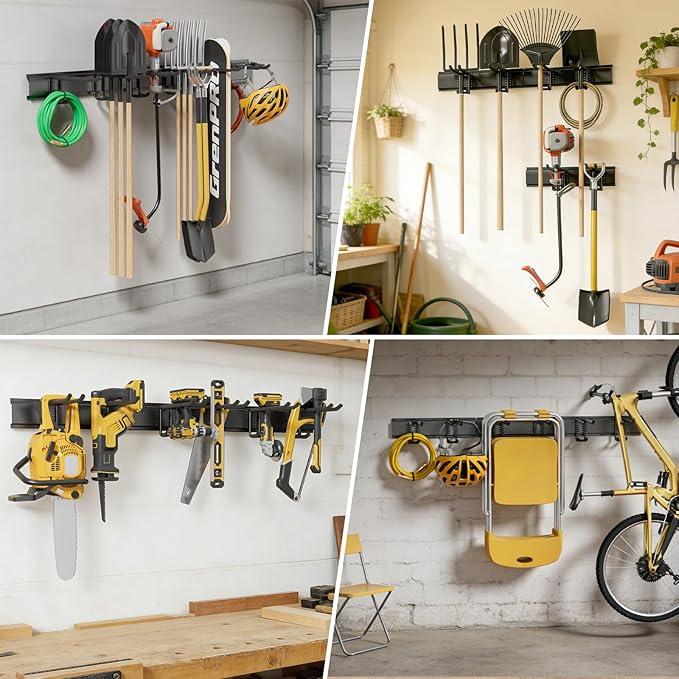 GRENPRO Garage Tool Organizer Wall Mount with 49.5 inches Rails and 6 Double-layer Hooks, Heavy Duty Tool Rack, Garage Storage Rack For Yard Tools
