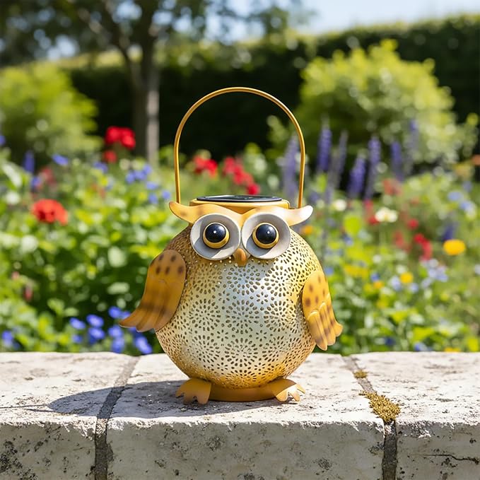 Solar Owl Lights Outdoor Waterproof - Hanging Solar Lanterns for Garden, Patio, Yard, Pathway - Vintage Metal Owl Solar Garden Lights, Outdoor Hanging Solar Lights for Outside Decor (1 Pack, Yellow)