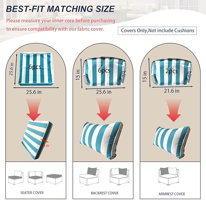 Outdoor Cushion Covers for Patio Furniture, Patio Cushion Covers Replacement with Zipper, Waterproof & Fade Resistant,Only Cover (Lake Blue and White Stripes, 25.6Lx25.6Wx4H - Only Covers)