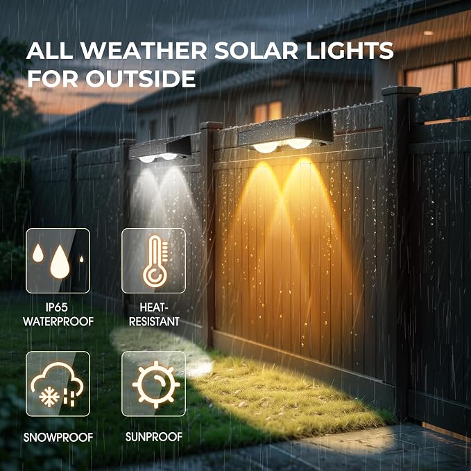 Fence Lights Solar Powered, Led Solar Fence Lights Outdoor IP65 Waterproof, Warm/Cool White and RGB Colors Changing Solar Wall Lights for Garage Backyard Railing Step Patio Pool - 2Pack