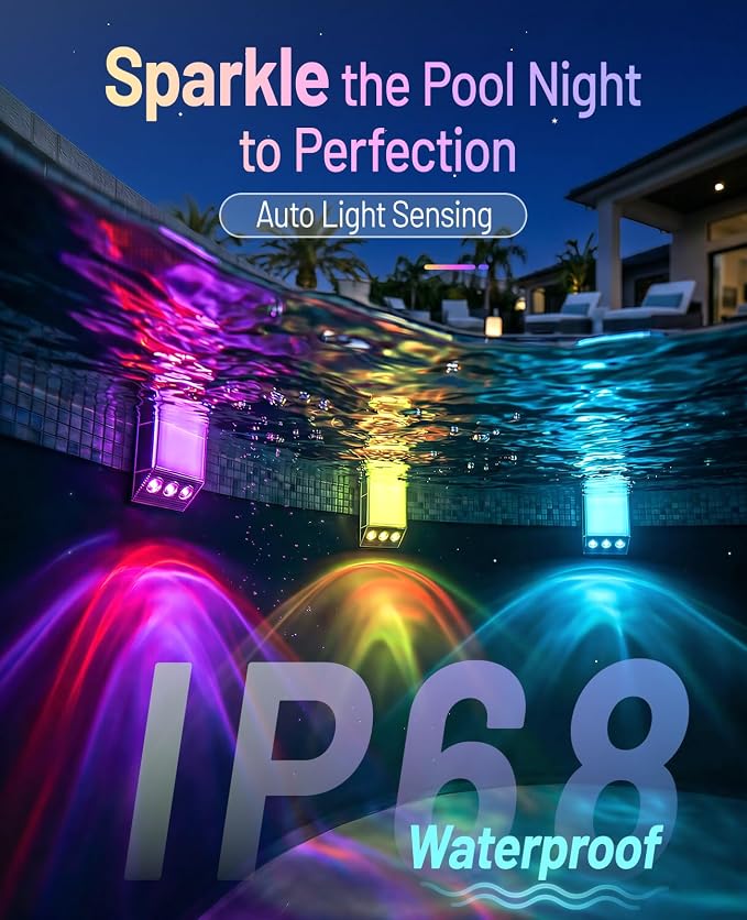Solar Pool Lights for Inground & Above Ground Pools, 38 LED Magnetic Underwater Submersible Lights with Remote & Timer, IP68 Waterproof Solar Powered Pool Light, 30+ Color Modes