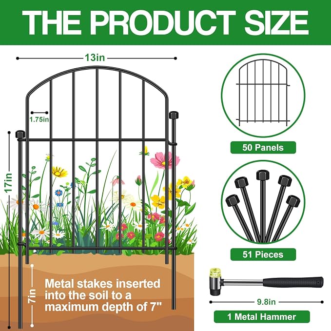 50 Pack Decorative Garden Fence Animal Barrier Fence, 17 in x 15 ft Rustproof Metal No Dig Fence Panels, Arched Small Garden Fence Barrier for Dog Rabbit Flower Bed Edging Yard Ground Patio Defense