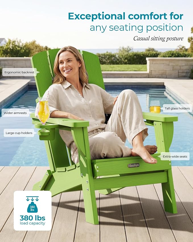 Folding Adirondack Chair Set of 2, HDPE Adirondack Chairs with 2 Cup Holder, Plastic All-Weather Fire Pit Chairs, Outdoor Lawn Chair for Patio Garden (Lime)