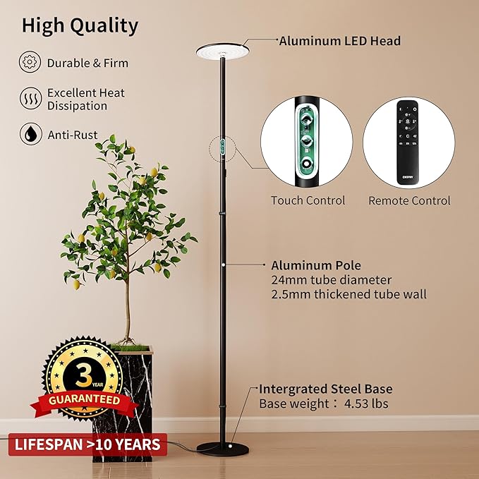 chiphy 69" Full Spectrum Grow Light for Indoor Plants, 4/8/12H Timer, 40W Tall Plant Lights, 10 Level Dimmable Brightness, Heights Adjustable, Remote Control, Ideal for Large Tall Plants
