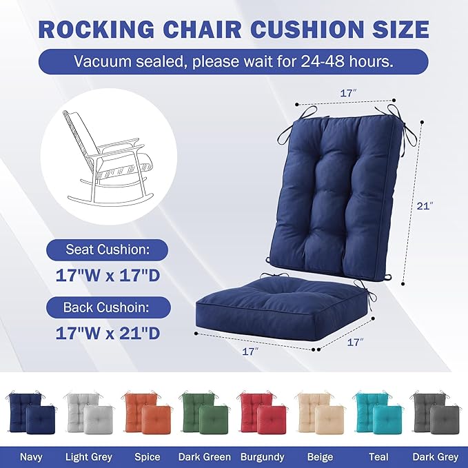 IPYNBAP Rocking Chair Cushion, Waterproof and Fade-Resistant Patio Chair Cushions, Tufted Chair Pads for Rocker Furniture, 17x17 Inch, Indoor/Outdoor Seat Cushions with Ties, Navy Blue
