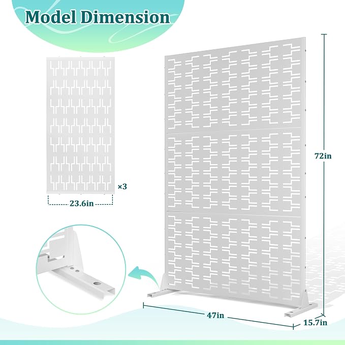 Outdoor Privacy Screen Metal Privacy Fence Freestanding Screen Fence, Decorative, Weather-Resistant, Privacy Protection, 72’’H×47’’W, White (3 Panels)