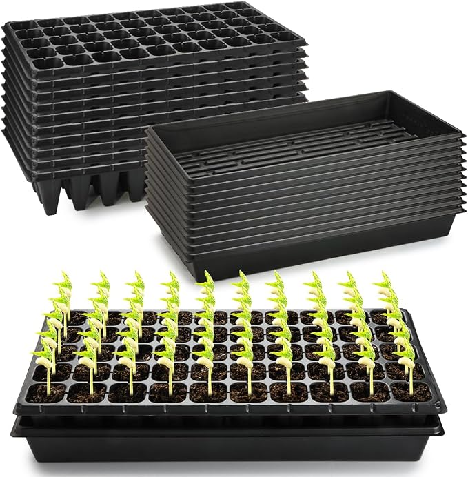 RooTrimmer 10 Pack 1020 Trays and 10 Pack 3.5" Deep 50 Cell Seed Starter Trays, 20" x 10" - Durable Plastic Nursery Flats for Microgreens, Seedling,Seed Germination & Plant Propagation (10 Set)