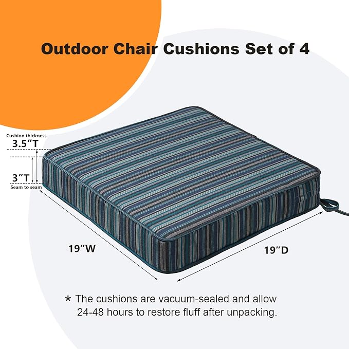 Unimatta Sunbrella Square Corner Seat Cushions, 19" x 19" x 3", Set of 4, Indoor Outdoor Water Repellent Universal Chair Pads with Ties for Patio Furniture, Garden Dining Chairs, Troupe Dock