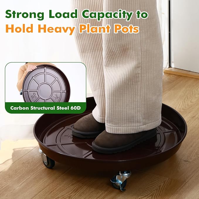 Planterhoma 3 Packs 18 Inch Metal Plant Caddy with Wheels Extra-large Rolling Plant Stand Heavy-duty Iron Plant Dolly Casters for Indoor Outdoor Flower Pot Mover Roller Coasters, Dark coffee